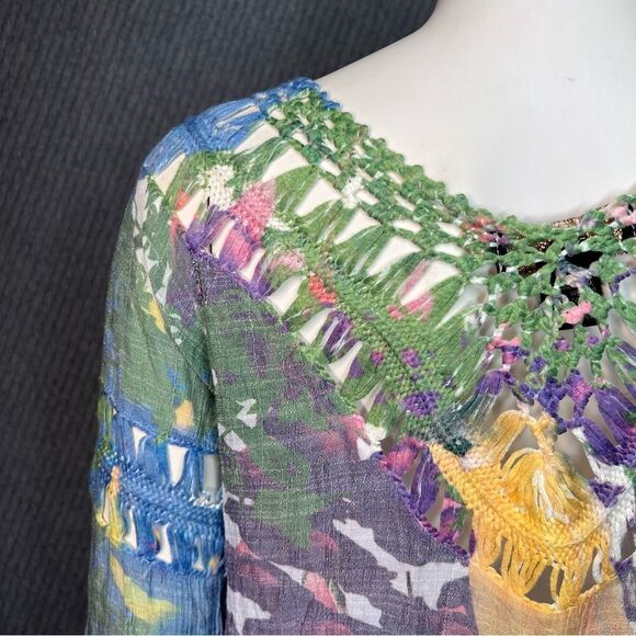 RAIN Crochet Multi-colored Tunic Top Size Small Bohemian Spring 3/4 Sleeve - Picture 3 of 11
